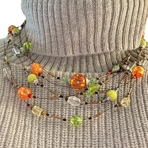 Beaded Multi-Strand Necklace in Amber, Silver & Green, Wire Strands with Chain